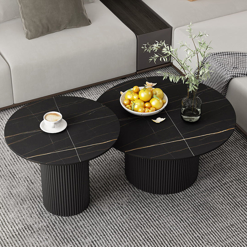 Modern Style Black/white Rock Slab Top Metal Craft Round Coffee Table 31.5"L x 31.5"W x 16"H + 24"L x 24"W x 20"H Black Clearhalo 'Coffee & Accent Tables' 'Coffee Tables' 'coffee_tables' 'furn' 'furn_coffee_tables' 'Furniture' 'Living Room Furniture' 5270674