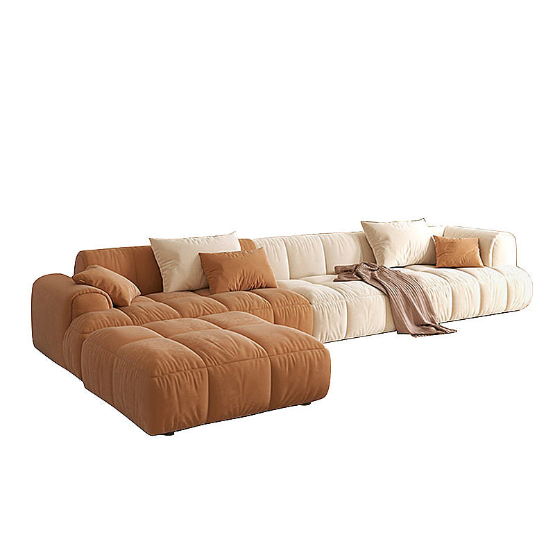 Velvet Round Arm Sectionals 24.8"High Tight Back Sofa with 4 Pillows White-Brown Clearhalo 'furn' 'furn_sectionals' 'Furniture' 'Living Room Furniture' 'Sectionals' 5270998