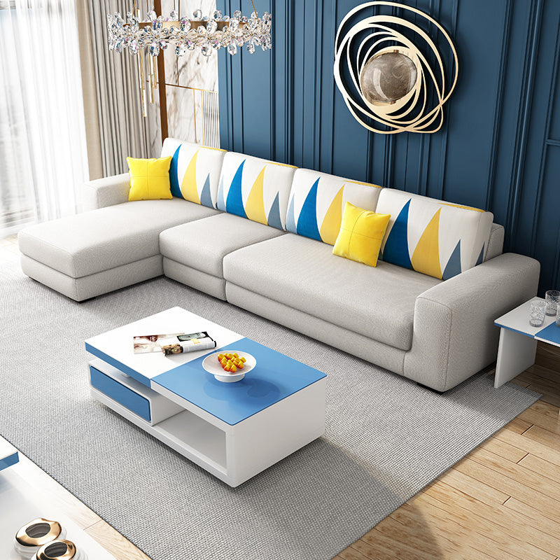 Cotton Blend Sofa and Faux Leather Square Arm Pillowed Back Cushions Sectionals Cotton Blend Light Grey Clearhalo 'furn' 'furn_sectionals' 'Furniture' 'Living Room Furniture' 'Sectionals' 5272541