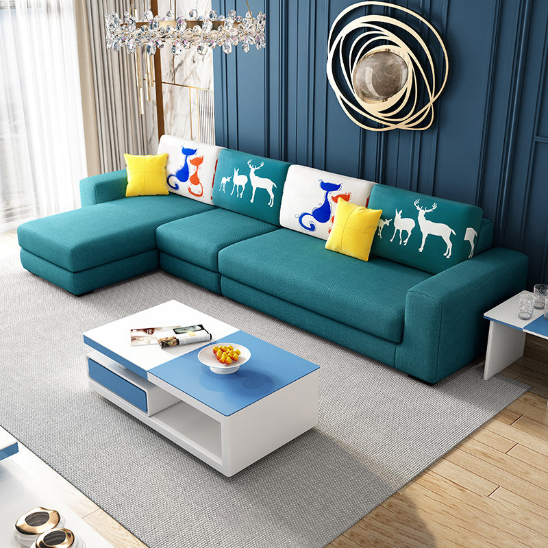 Cotton Blend Sofa and Faux Leather Square Arm Pillowed Back Cushions Sectionals Cotton Blend Green Clearhalo 'furn' 'furn_sectionals' 'Furniture' 'Living Room Furniture' 'Sectionals' 5272542