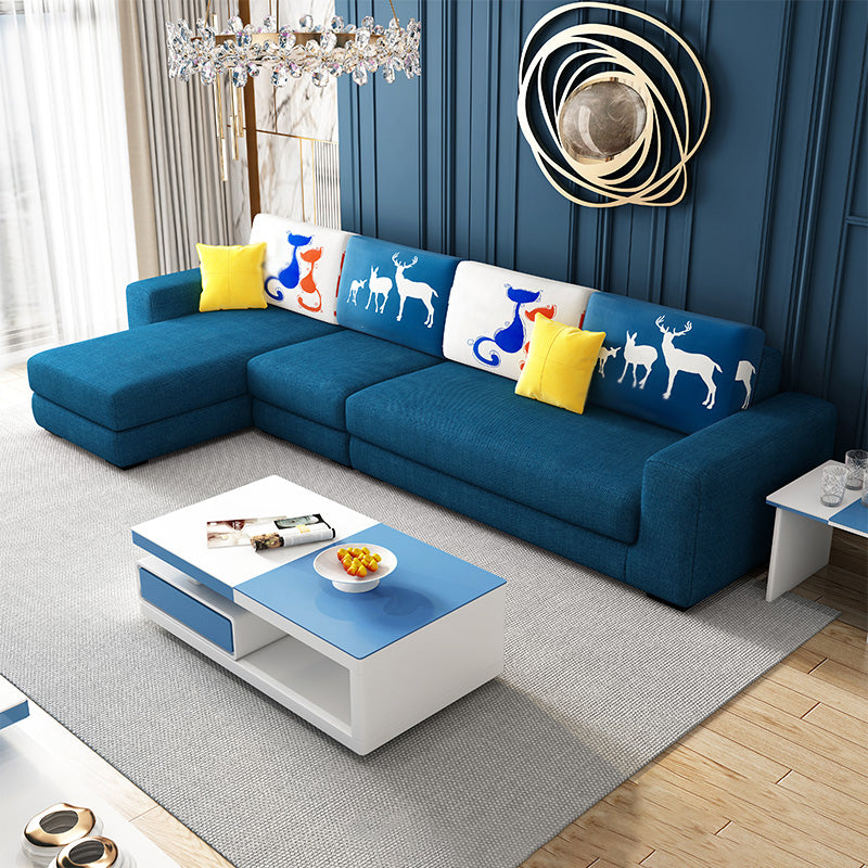 Cotton Blend Sofa and Faux Leather Square Arm Pillowed Back Cushions Sectionals Cotton Blend Dark Blue Clearhalo 'furn' 'furn_sectionals' 'Furniture' 'Living Room Furniture' 'Sectionals' 5272543