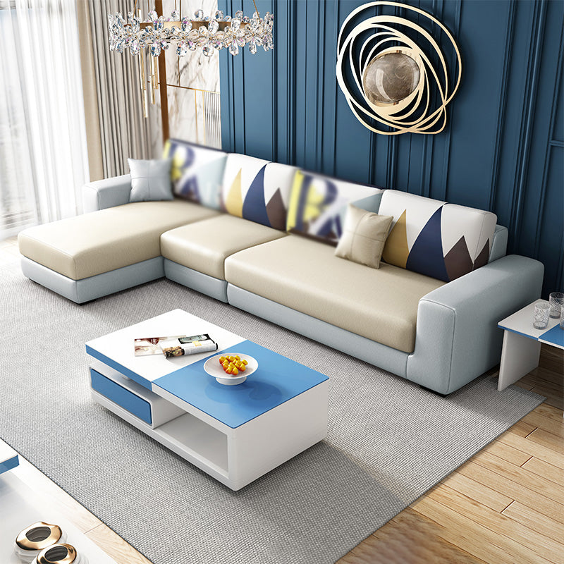 Cotton Blend Sofa and Faux Leather Square Arm Pillowed Back Cushions Sectionals Faux Leather Light Yellow Clearhalo 'furn' 'furn_sectionals' 'Furniture' 'Living Room Furniture' 'Sectionals' 5272547