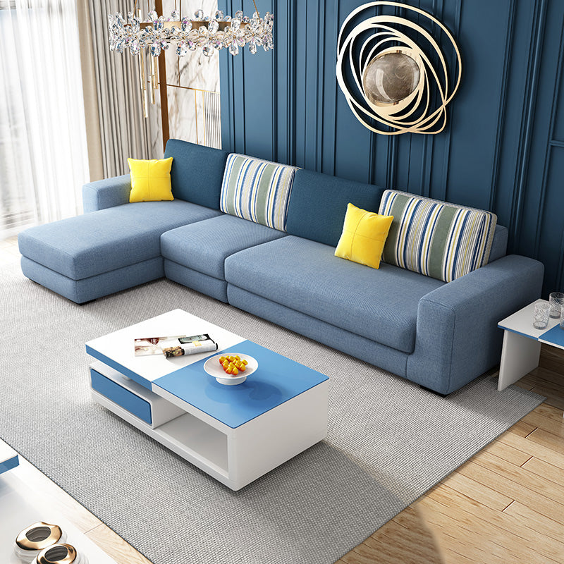 Cotton Blend Sofa and Faux Leather Square Arm Pillowed Back Cushions Sectionals Cotton Blend Sky Blue Clearhalo 'furn' 'furn_sectionals' 'Furniture' 'Living Room Furniture' 'Sectionals' 5272549