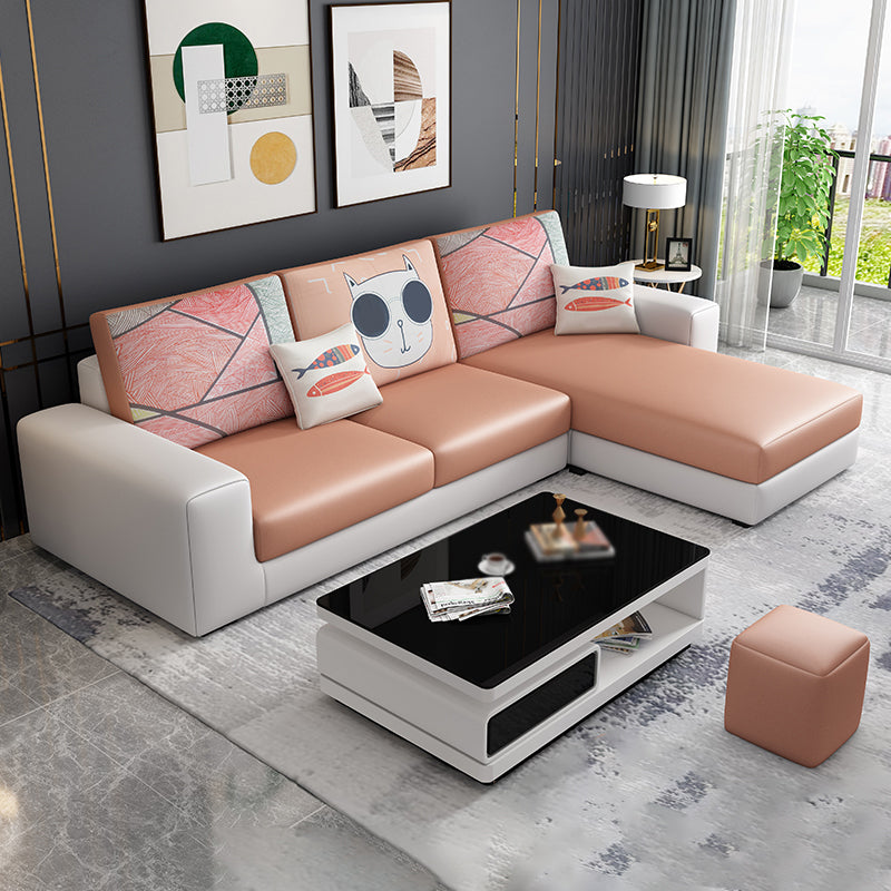 Cotton Blend Sofa and Faux Leather Square Arm Pillowed Back Cushions Sectionals Faux Leather Orange Clearhalo 'furn' 'furn_sectionals' 'Furniture' 'Living Room Furniture' 'Sectionals' 5272553