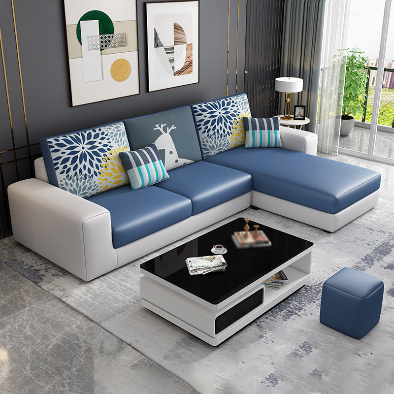 Cotton Blend Sofa and Faux Leather Square Arm Pillowed Back Cushions Sectionals Faux Leather Dark Blue Clearhalo 'furn' 'furn_sectionals' 'Furniture' 'Living Room Furniture' 'Sectionals' 5272555
