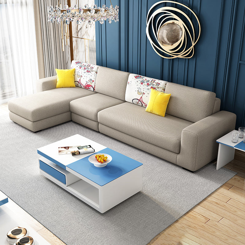 Cotton Blend Sofa and Faux Leather Square Arm Pillowed Back Cushions Sectionals Cotton Blend Yellow Clearhalo 'furn' 'furn_sectionals' 'Furniture' 'Living Room Furniture' 'Sectionals' 5272557