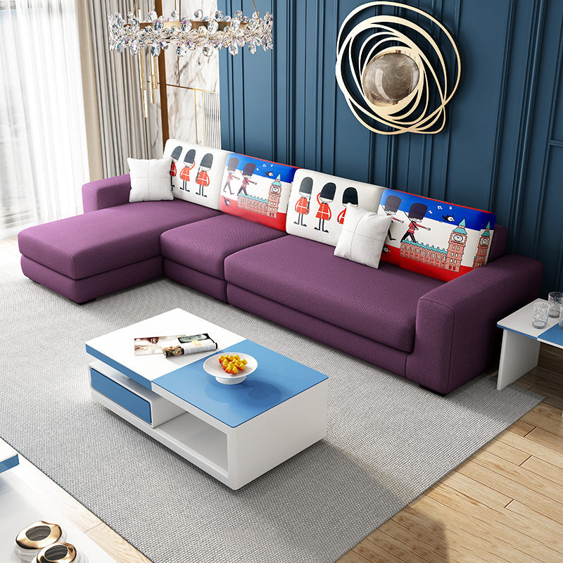 Cotton Blend Sofa and Faux Leather Square Arm Pillowed Back Cushions Sectionals Cotton Blend Violet Clearhalo 'furn' 'furn_sectionals' 'Furniture' 'Living Room Furniture' 'Sectionals' 5272559