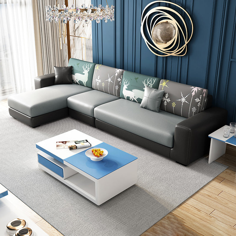 Cotton Blend Sofa and Faux Leather Square Arm Pillowed Back Cushions Sectionals Faux Leather Silver Clearhalo 'furn' 'furn_sectionals' 'Furniture' 'Living Room Furniture' 'Sectionals' 5272560