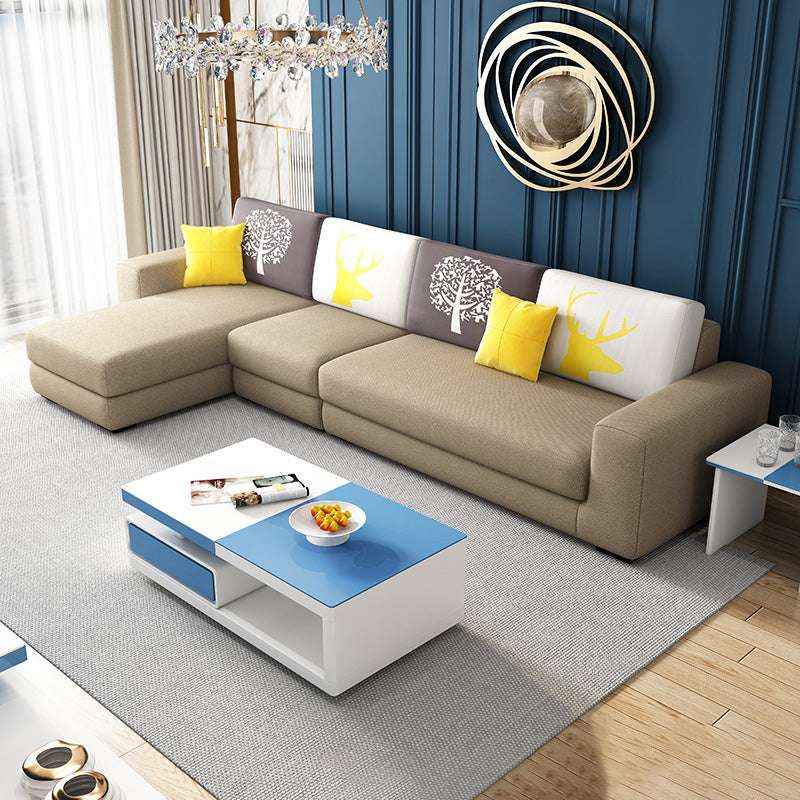 Cotton Blend Sofa and Faux Leather Square Arm Pillowed Back Cushions Sectionals Cotton Blend Camel Clearhalo 'furn' 'furn_sectionals' 'Furniture' 'Living Room Furniture' 'Sectionals' 5272561