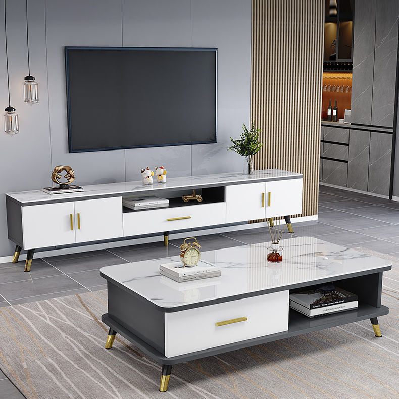 Gorgeous TV Stand Console With Record Storage , Glass and Wood TV Stand in Grey / White Clearhalo 'furn' 'furn_tv_stands_entertainment_centers' 'Furniture' 'Living Room Furniture' 'TV Stands & Entertainment Centers' 'TV Stands & Media Storage Furniture' 'tv_stands_entertainment_centers' 5276659