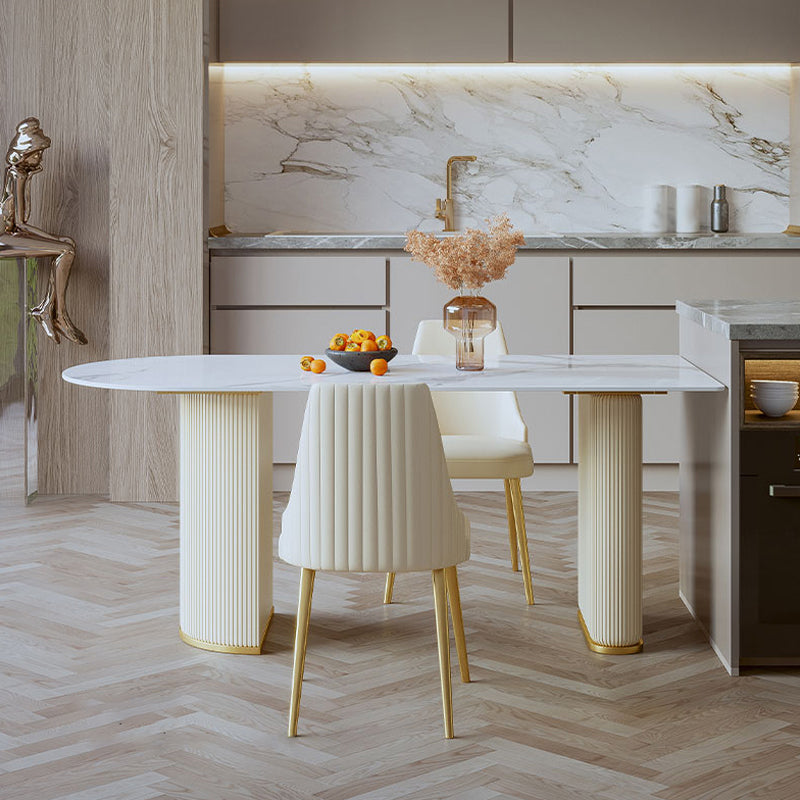 Free Form White Dining Table Sintered Stone Table Luxury with Double Pedestal 70.9"L x 31.5"W x 29.5"H Without Chairs Clearhalo 'Dining Tables & Seating' 'Dining Tables' 'dining_table' 'furn' 'furn_dining_table' 'Furniture' 'Kitchen & Dining Furniture' 5278745