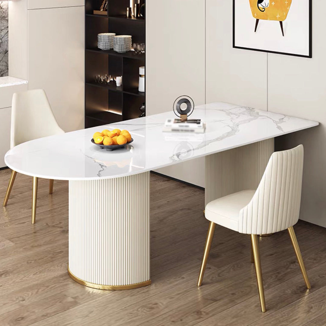 Free Form White Dining Table Sintered Stone Table Luxury with Double Pedestal Clearhalo 'Dining Tables & Seating' 'Dining Tables' 'dining_table' 'furn' 'furn_dining_table' 'Furniture' 'Kitchen & Dining Furniture' 5278753