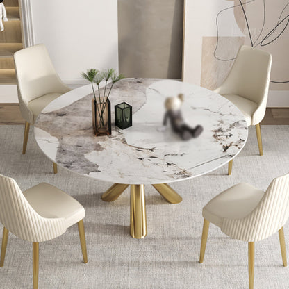 Sintered Stone Top Round Table Simplicity Gold Metal Base Dining Table