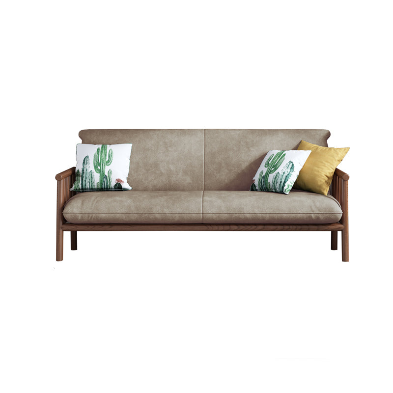 Contemporary Cushions Standard Tuxedo Arm Living Room Faux Leather Settee Khaki Walnut Clearhalo &#39;furn&#39; &#39;furn_sofas&#39; &#39;Furniture&#39; &#39;Living Room Furniture&#39; &#39;Sofa&#39; &#39;sofas&#39; 5280365