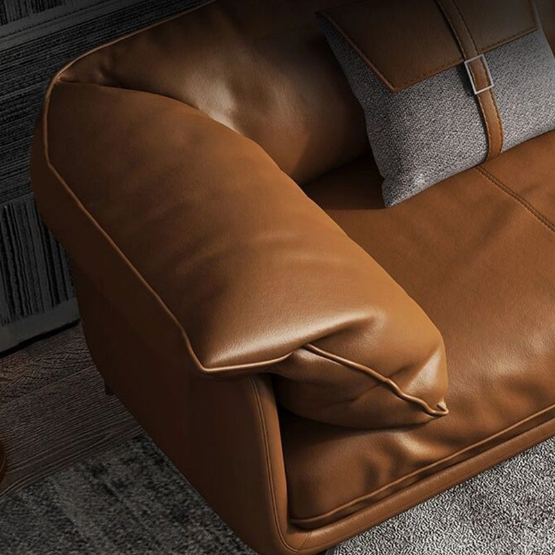 Contemporary Leathe Pillow Top Arm Sofa Set with Pillows in Brown