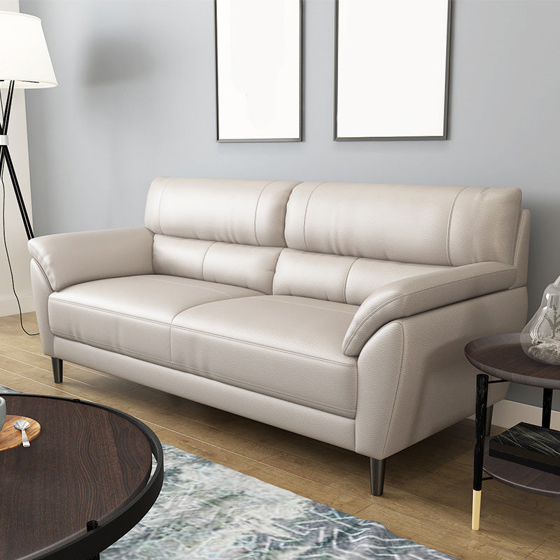 Contemporary Leather Pillow Top Arm Beige Sewn Pillow Back Sofa Couch