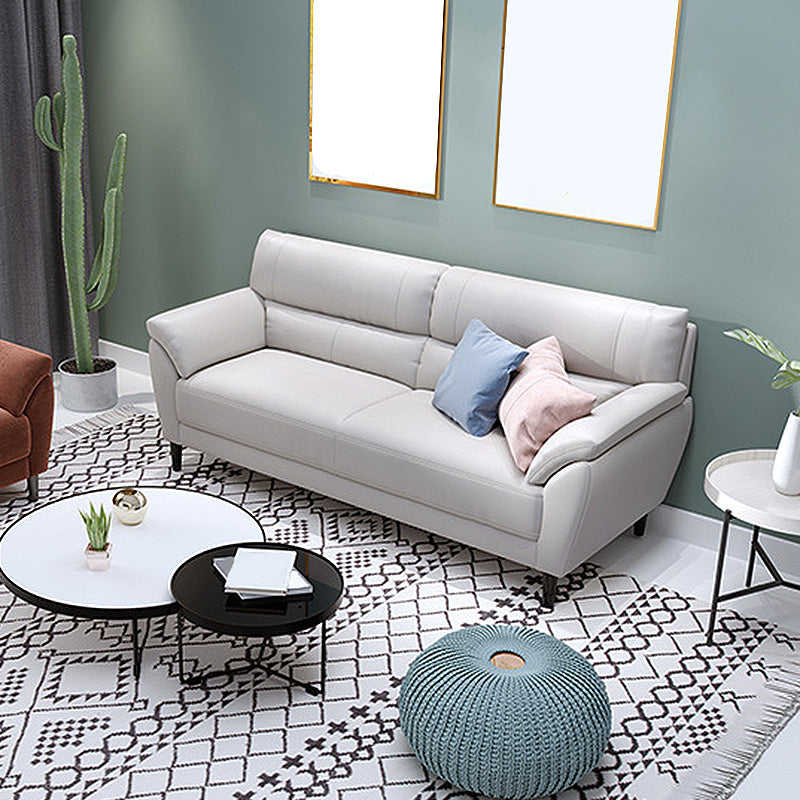 Contemporary Leather Pillow Top Arm Beige Sewn Pillow Back Sofa Couch