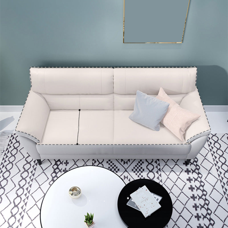 Contemporary Leather Pillow Top Arm Beige Sewn Pillow Back Sofa Couch