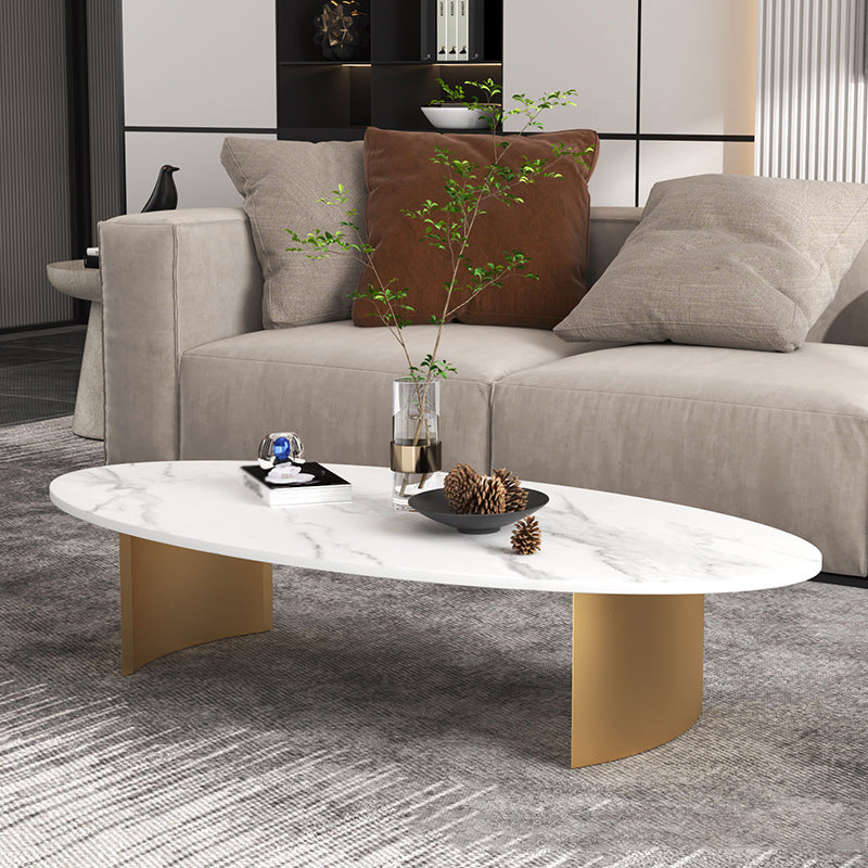 Modern Style Black Gold/white/grey Oval Coffee Table with Rock Board 47"L x 24"W x 18"H White Clearhalo 'Coffee & Accent Tables' 'Coffee Tables' 'coffee_tables' 'furn' 'furn_coffee_tables' 'Furniture' 'Living Room Furniture' 5280942