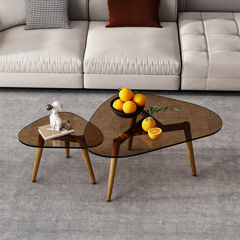 Wood and Glass 3 Legs Coffee Table Modern Triangle Clear Table