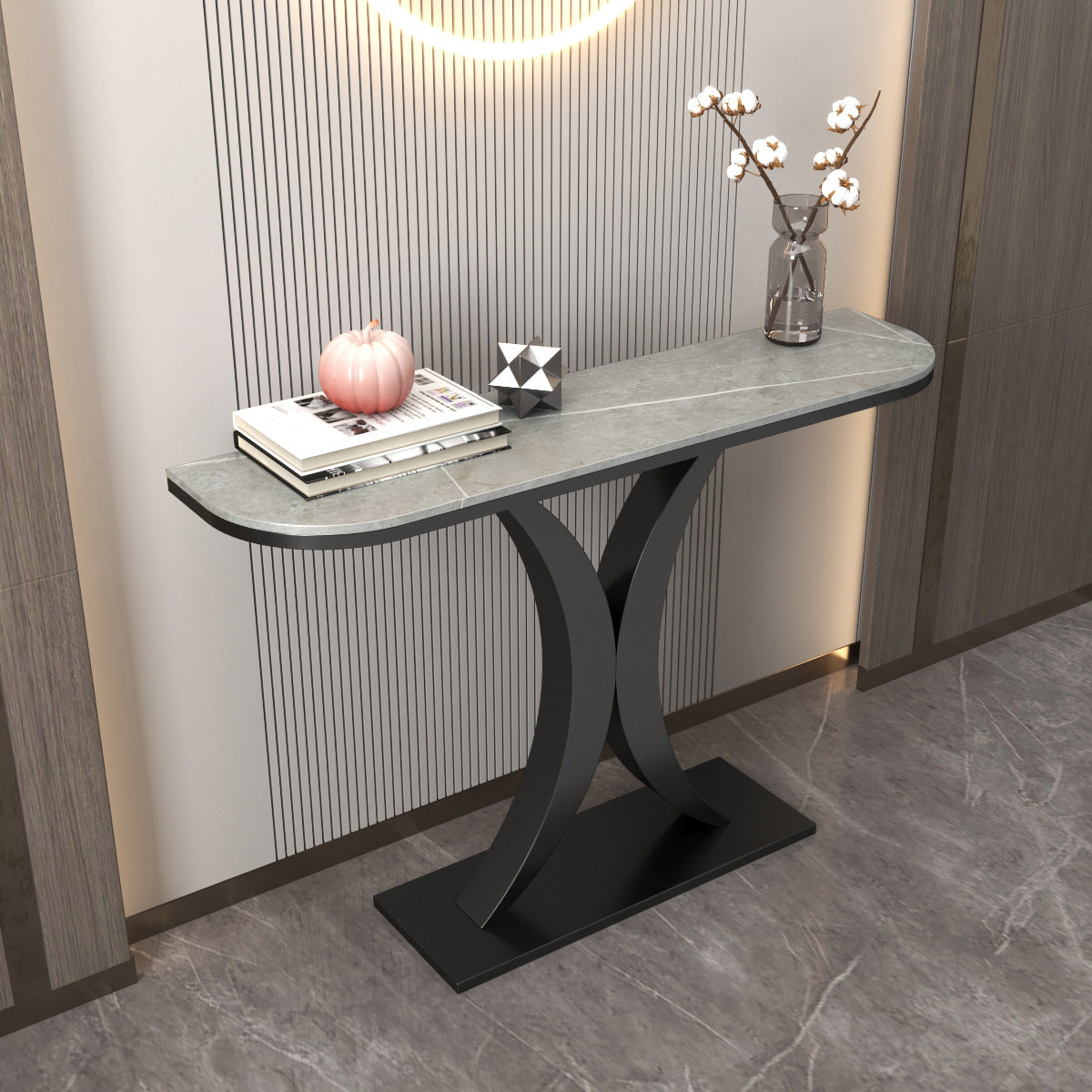 Tavolo da tavolo resistente alla macchia Tabella glam di pietra 11.81 "W x 31.49" H Half Moon Tavolo