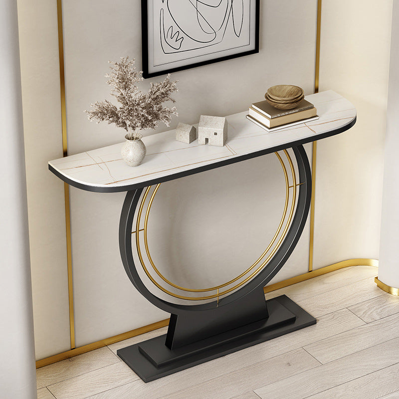 Half Moon Stone Console Table Ironcraft Frame Accent Table for Hall White-Gold Clearhalo 'Console Tables' 'console_tables' 'Entry & Mudroom Furniture' 'furn' 'furn_console_tables' 'Furniture' 5284768