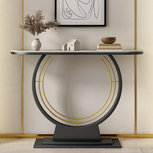 Half Moon Stone Console Table Ironcraft Frame Accent Table for Hall Clearhalo 'Console Tables' 'console_tables' 'Entry & Mudroom Furniture' 'furn' 'furn_console_tables' 'Furniture' 5284777