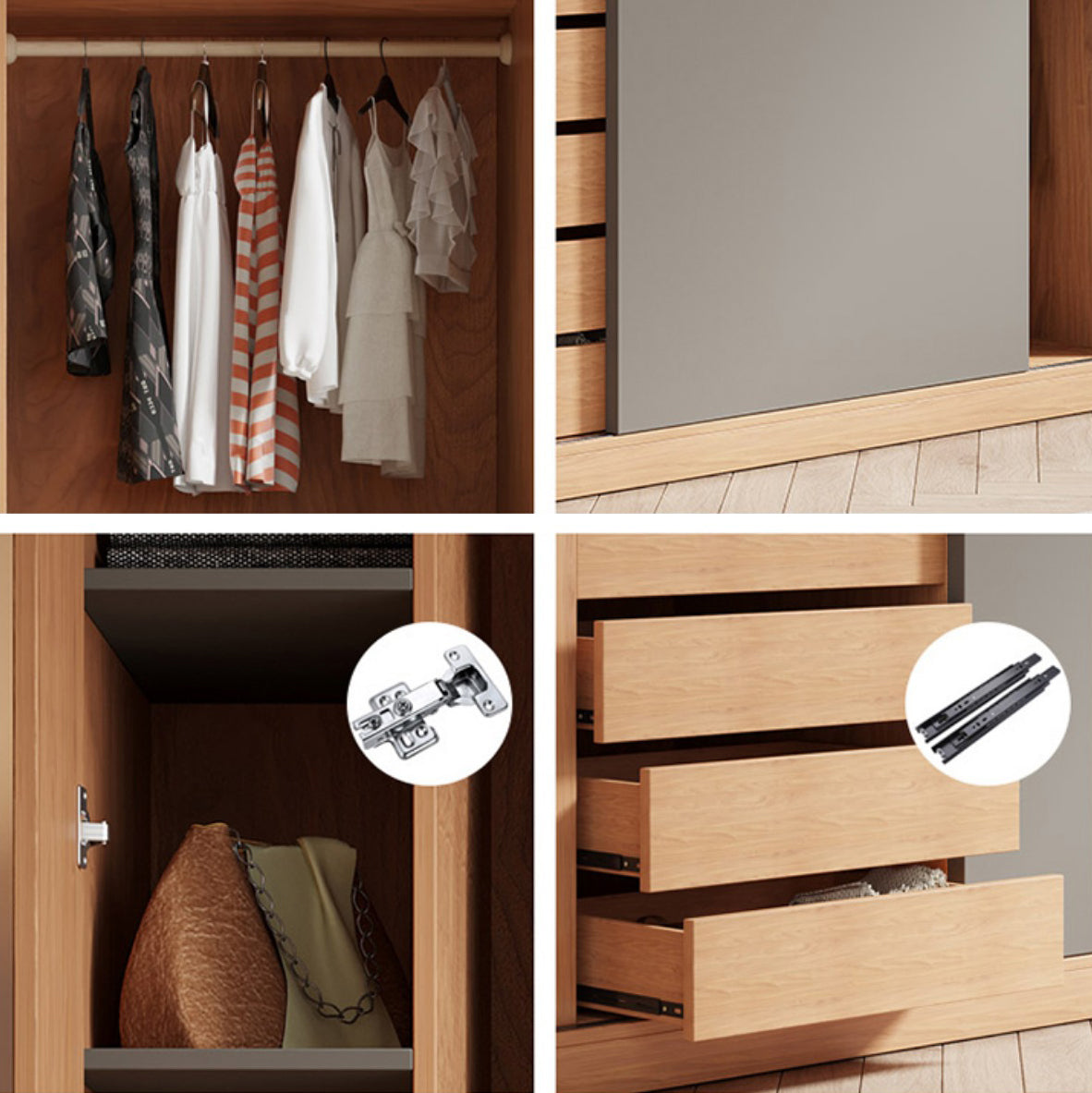 Natural Finish Modern Wardrobe Armoire Solid Wood and Engineered Wood Armoire