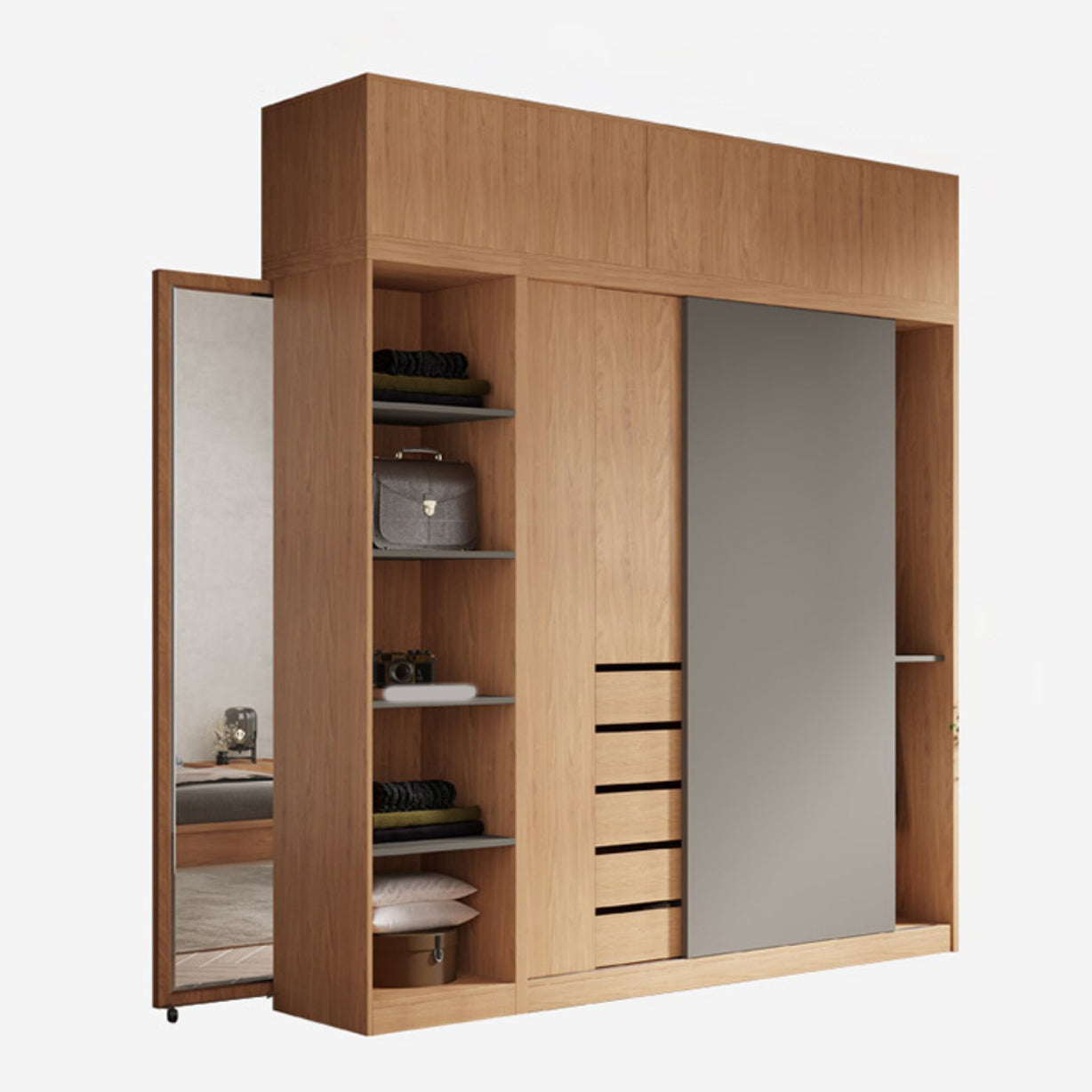 Natural Finish Modern Wardrobe Armoire Solid Wood and Engineered Wood Armoire