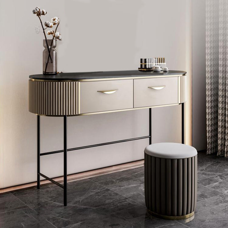 Contemporary Vanity Set, 2 Storage Drawers With Mirror & Padded Stool Makeup Vanity & Stools 39"L x 18"W x 31"H Clearhalo 'Bedroom Furniture' 'furn' 'furn_makeup_vanities' 'Furniture' 'Makeup Vanities' 'makeup_vanities' 5287680
