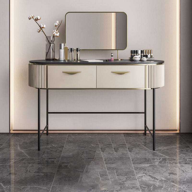 Contemporary Vanity Set, 2 Storage Drawers With Mirror & Padded Stool Makeup Vanity & Mirror 39"L x 18"W x 31"H Clearhalo 'Bedroom Furniture' 'furn' 'furn_makeup_vanities' 'Furniture' 'Makeup Vanities' 'makeup_vanities' 5287692