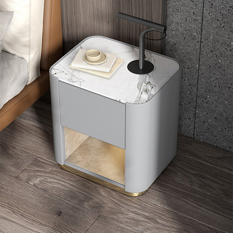 Contemporary Stone Top 1-Drawer, 1 Shelf Nightstand 21.65" Tall Nightstand Light Grey White Clearhalo 'Bedroom Furniture' 'furn' 'furn_night_stand' 'Furniture' 'night_stand' 'Nightstands' 5287950