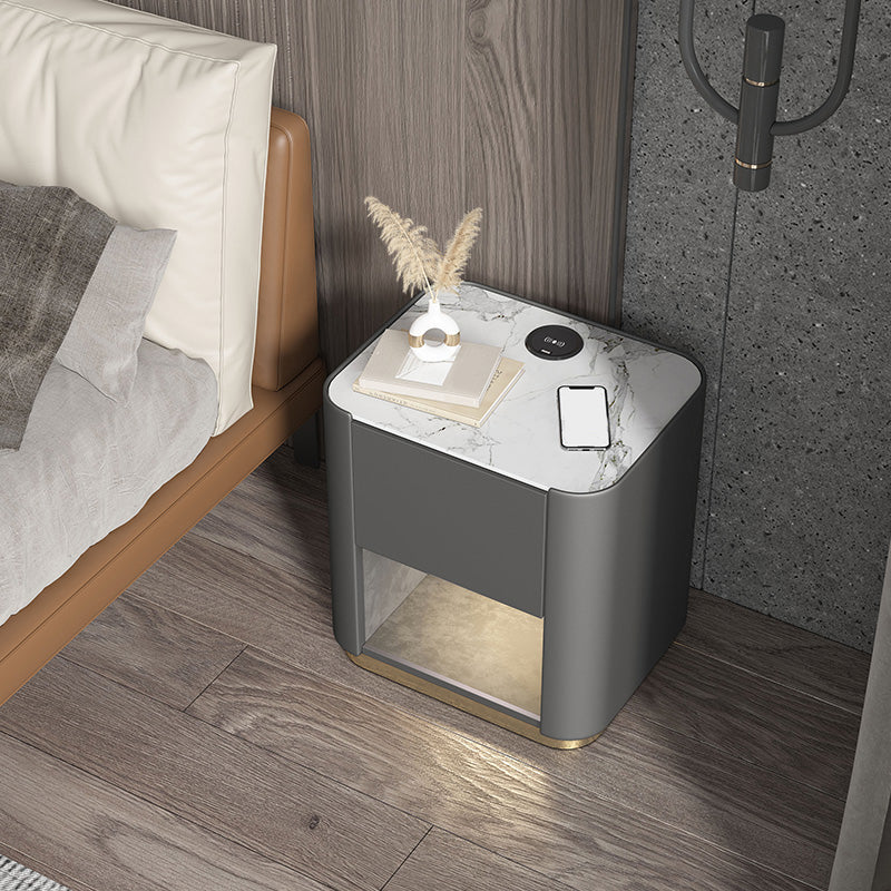 Contemporary Stone Top 1-Drawer, 1 Shelf Nightstand 21.65" Tall Nightstand Gray White Clearhalo 'Bedroom Furniture' 'furn' 'furn_night_stand' 'Furniture' 'night_stand' 'Nightstands' 5287958