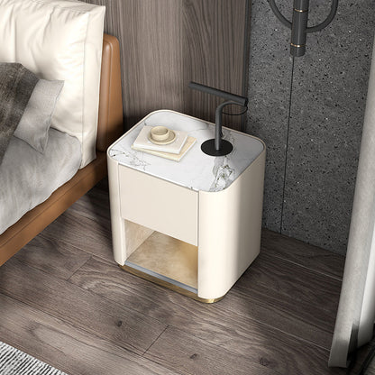 Contemporary Stone Top 1-Drawer, 1 Shelf Nightstand 21.65" Tall Nightstand White White Clearhalo 'Bedroom Furniture' 'furn' 'furn_night_stand' 'Furniture' 'night_stand' 'Nightstands' 5287959