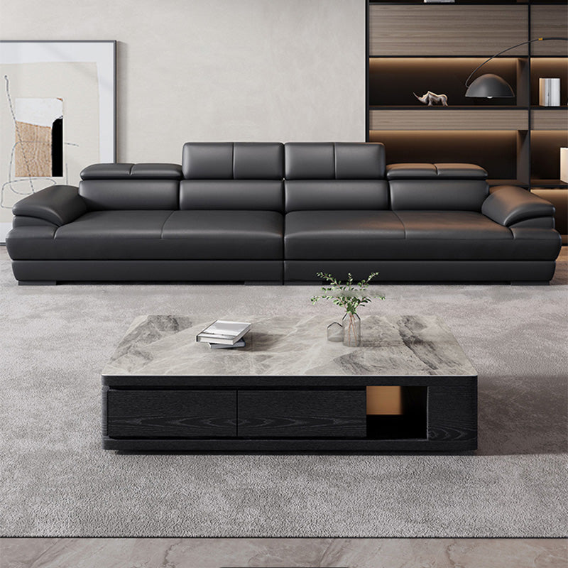 Genuine Leather Pillow Top Arm Sectional Sofa 27.55"High Cushion Back Sofa,Black Clearhalo 'furn' 'furn_sectionals' 'Furniture' 'Living Room Furniture' 'Sectionals' 5288444