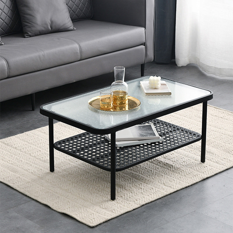 Four Legs Glass Coffee Table Shelf Included Geometric Single Cocktail Table 35.5"L x 20"W x 16"H Black Clearhalo 'Coffee & Accent Tables' 'Coffee Tables' 'coffee_tables' 'furn' 'furn_coffee_tables' 'Furniture' 'Living Room Furniture' 5288933