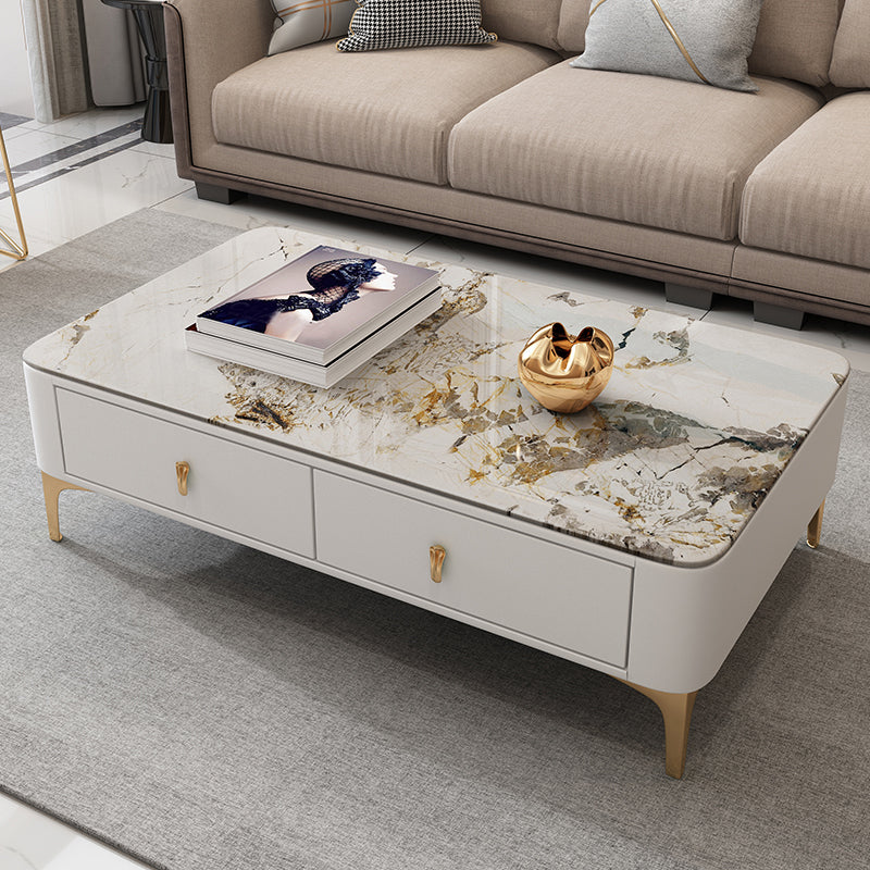 Modern Coffee Table Retangular Slate Cocktail Table with Drawers White Pandora Gold Clearhalo 'Coffee & Accent Tables' 'Coffee Tables' 'coffee_tables' 'furn' 'furn_coffee_tables' 'Furniture' 'Living Room Furniture' 5289015