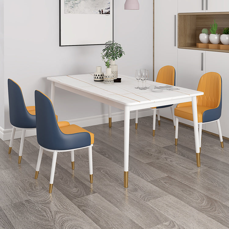 Modern White Iron Dinette Set 1/2/5/7 Pieces Rectangle Sintered Stone Top Dining Table Set 5 Pieces: Table, 4 Orange Chairs Clearhalo 'Dining Room Sets' 'Dining Tables & Seating' 'dining_room_set' 'furn' 'furn_dining_room_set' 'Furniture' 'Kitchen & Dining Furniture' 5291654