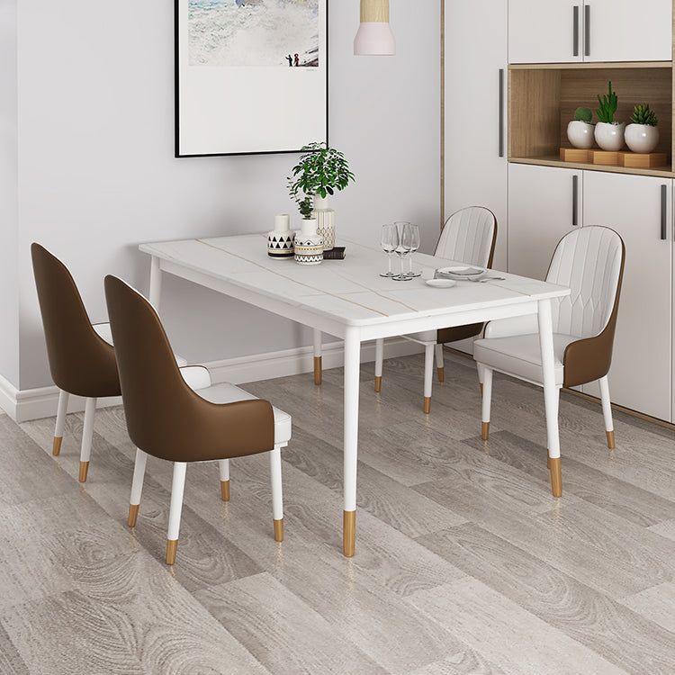 Modern White Iron Dinette Set 1/2/5/7 Pieces Rectangle Sintered Stone Top Dining Table Set 5 Pieces: Table, 4 White Chairs Clearhalo 'Dining Room Sets' 'Dining Tables & Seating' 'dining_room_set' 'furn' 'furn_dining_room_set' 'Furniture' 'Kitchen & Dining Furniture' 5291657
