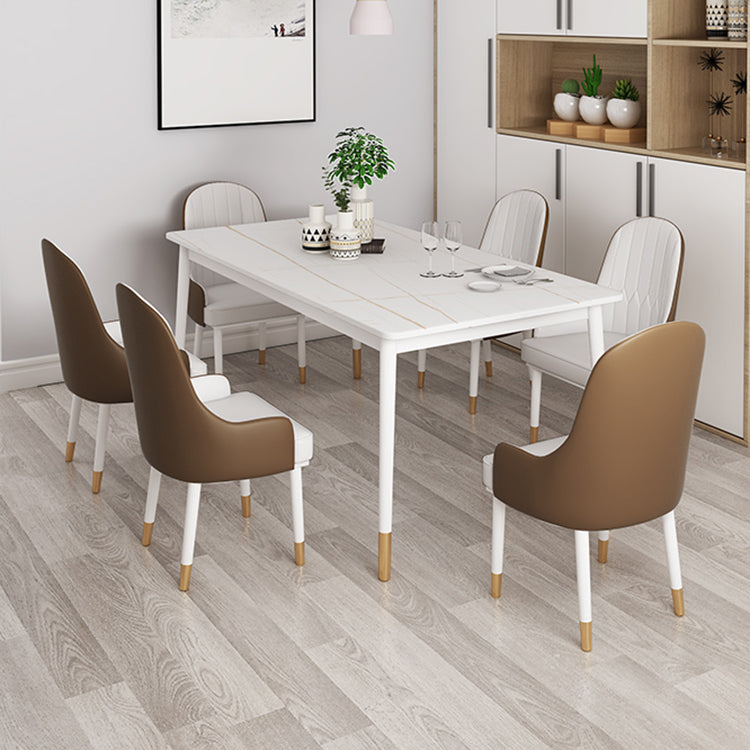 Modern White Iron Dinette Set 1/2/5/7 Pieces Rectangle Sintered Stone Top Dining Table Set 7 Pieces: Table, 6 White Chairs Clearhalo 'Dining Room Sets' 'Dining Tables & Seating' 'dining_room_set' 'furn' 'furn_dining_room_set' 'Furniture' 'Kitchen & Dining Furniture' 5291660