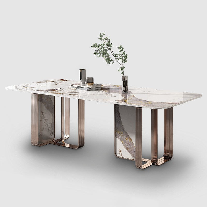 Rectangle Sintered Stone Top Table Contemporary Metal Base Dining Table Pandora Gold Without Chairs Clearhalo 'Dining Tables & Seating' 'Dining Tables' 'dining_table' 'furn' 'furn_dining_table' 'Furniture' 'Kitchen & Dining Furniture' 5291927