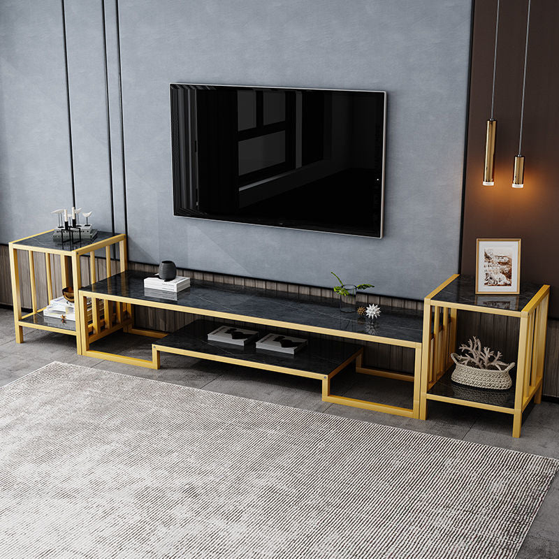 Glass TV Stand for TVs up to 18" H , Glam Open Storage TV Stand - Black / Gold Clearhalo 'furn' 'furn_tv_stands_entertainment_centers' 'Furniture' 'Living Room Furniture' 'TV Stands & Entertainment Centers' 'TV Stands & Media Storage Furniture' 'tv_stands_entertainment_centers' 5298442