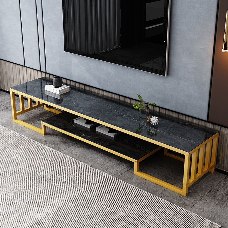 Glass TV Stand for TVs up to 18" H , Glam Open Storage TV Stand - Black / Gold Gold-Black Clearhalo 'furn' 'furn_tv_stands_entertainment_centers' 'Furniture' 'Living Room Furniture' 'TV Stands & Entertainment Centers' 'TV Stands & Media Storage Furniture' 'tv_stands_entertainment_centers' 5298448