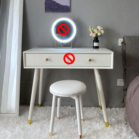 Rectangular Dressing Table Made of White Solid Wood with 5 Drawers and 1 Grey Stool Vanity Stool None