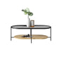 Glass Cross Legs Cocktail Table with Wood Accents Elliptical Coffee Table