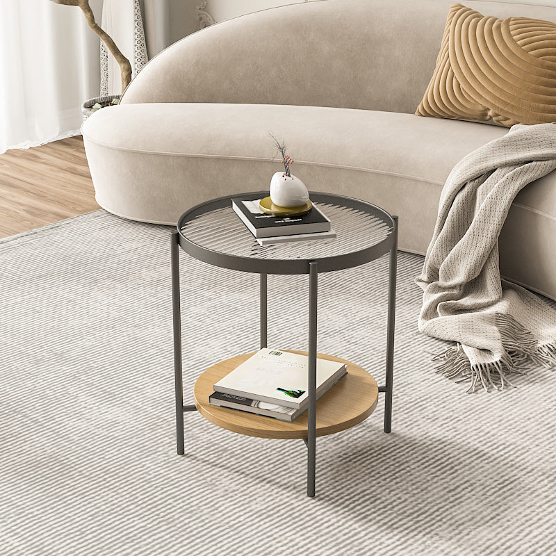 Table de cocktails en verre en verre avec accents en bois table basse elliptique