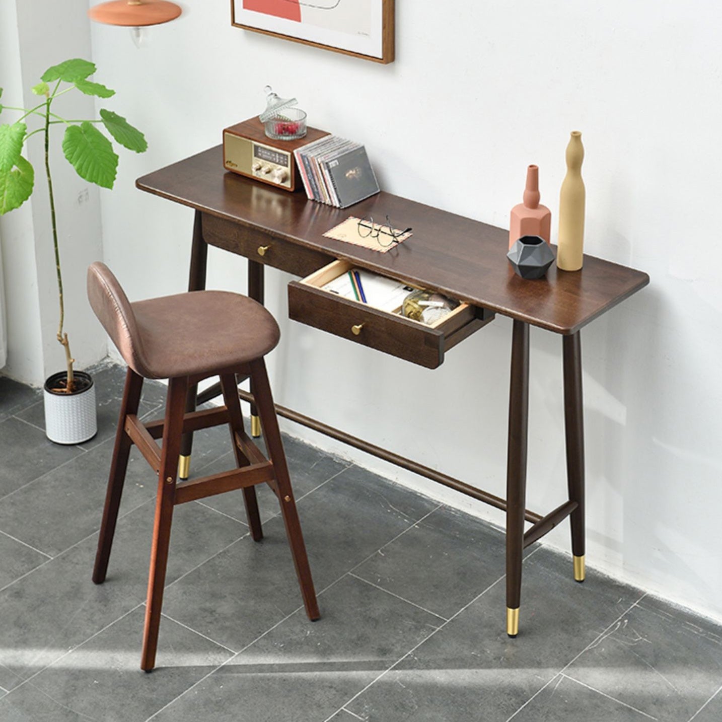 Table de table de bar en bois en chêne moderne 1/2 pièces comptoir en bois avec tabourets en cuir