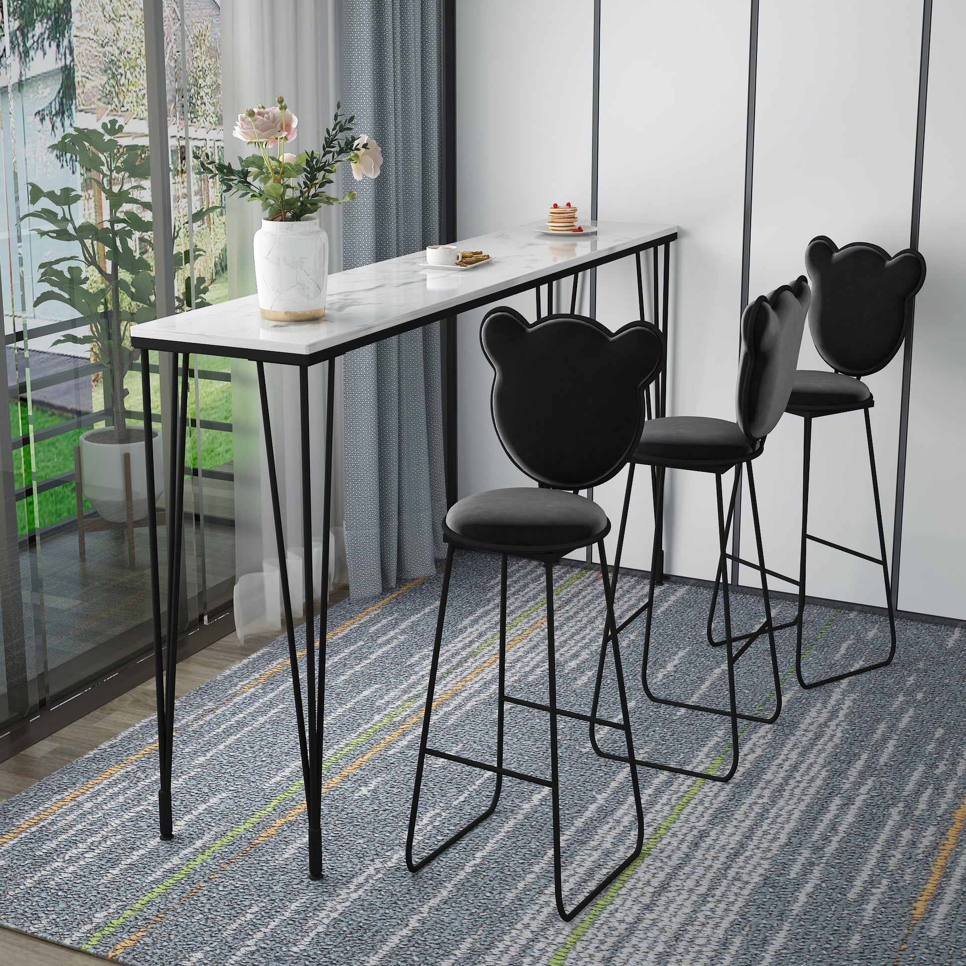 Modern 1/4 Pieces Bar Table Set Rectangle Stone Counter Table with Backrest Stools 4 Pieces: Table, 3 Black Chairs Clearhalo 'Bar Furniture' 'furn' 'furn_home_bar_bar_sets' 'Furniture' 'Home Bars & Bar Sets' 'home_bar_bar_sets' 'Kitchen & Dining Furniture' 5309009