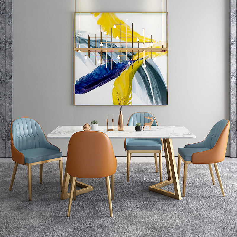 Glam Rectangle Dining Table Set 1/4/5 Pieces White Stone Top Dinette Set 5 Pieces: White Table, 4 Blue Chairs Clearhalo 'Dining Room Sets' 'Dining Tables & Seating' 'dining_room_set' 'furn' 'furn_dining_room_set' 'Furniture' 'Kitchen & Dining Furniture' 5310401