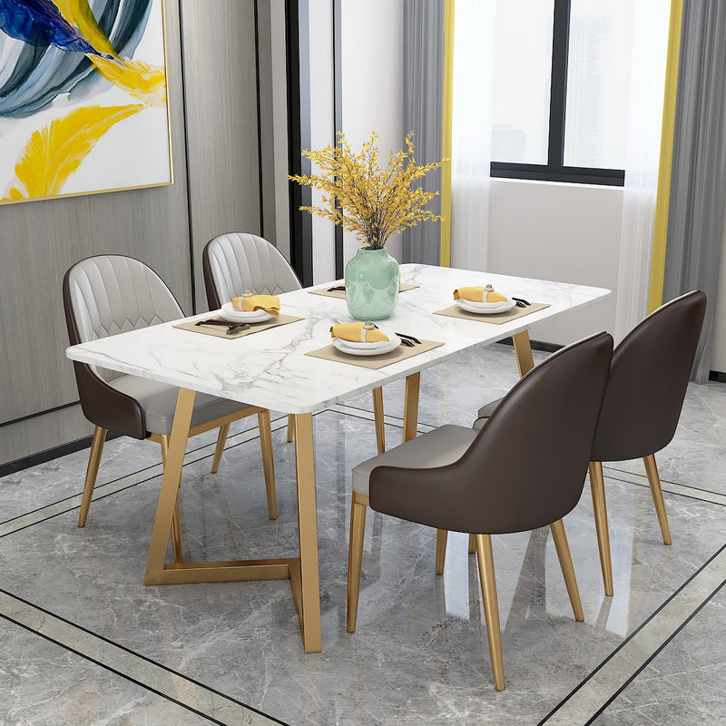 Glam Rectangle Dining Table Set 1/4/5 Pieces White Stone Top Dinette Set 5 Pieces: White Table, 4 Grey Chairs Clearhalo 'Dining Room Sets' 'Dining Tables & Seating' 'dining_room_set' 'furn' 'furn_dining_room_set' 'Furniture' 'Kitchen & Dining Furniture' 5310402
